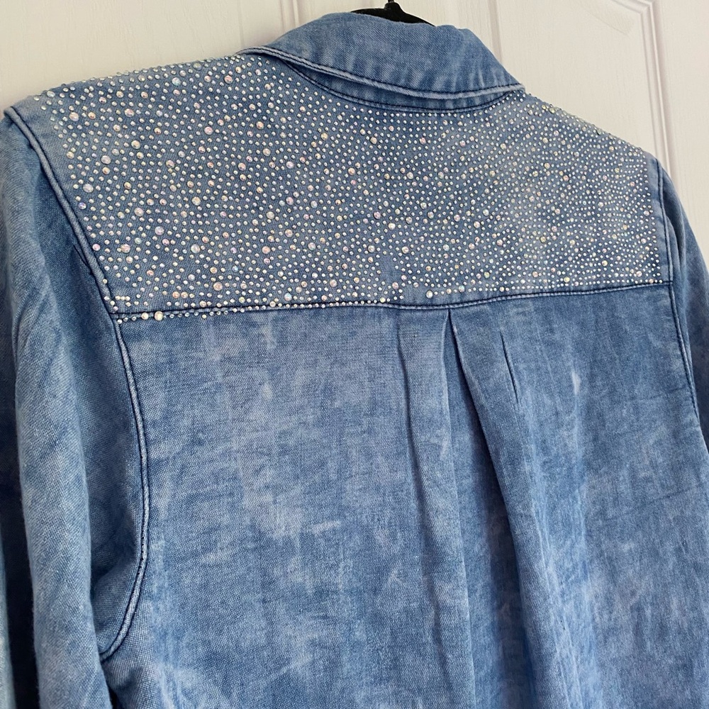 KROIX Cotton Rhinestones Details Raw Hem Hi Lo Denim Button-Up Shirt Dress Sz M - Picture 14 of 17